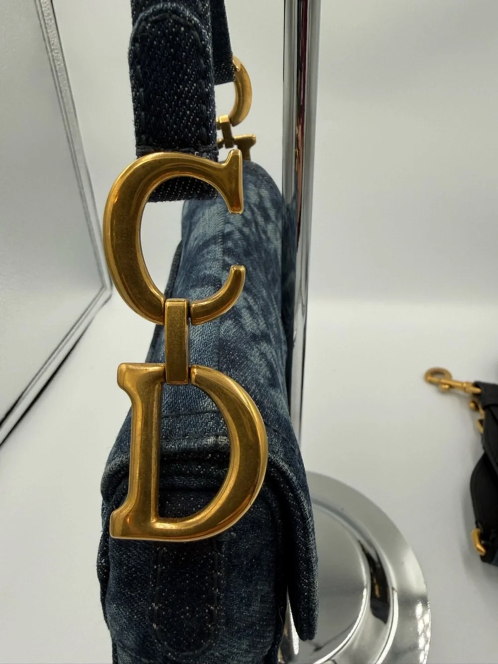 Dior Navy Denim Tie Dyed Saddle Mini Bag with Gold D Charm and Strap - Picture 5 of 16